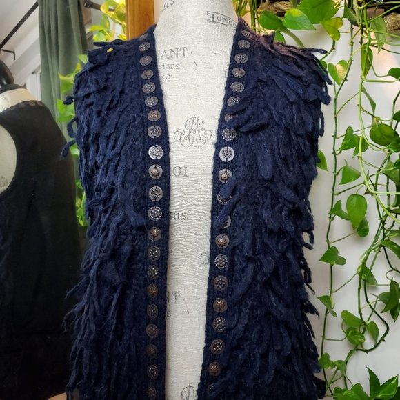 SCOTCH & SODA | Bronze Coin Hem Indigo Blue Fringe Sweater Vest (Size S) - Picture 2 of 10